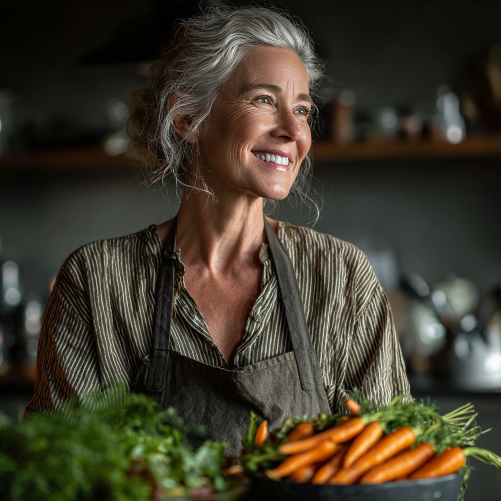 Femeie în vârstă de 55 de ani zâmbind în timp ce pregătește o salată sănătoasă în bucătăria ei modernă