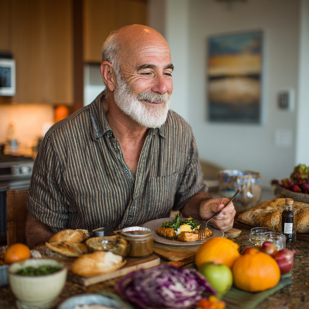 Bărbat de 58 de ani savurând o masă sănătoasă la masa de bucătărie, înconjurat de ingrediente proaspete și colorate