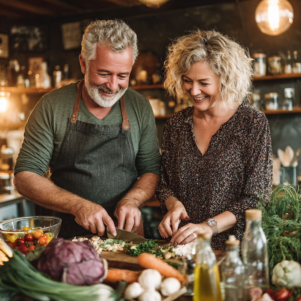 Cuplu de 55 și 52 de ani gătind împreună într-o bucătărie luminoasă, zâmbind în timp ce pregătesc ingrediente pentru o rețetă sănătoasă